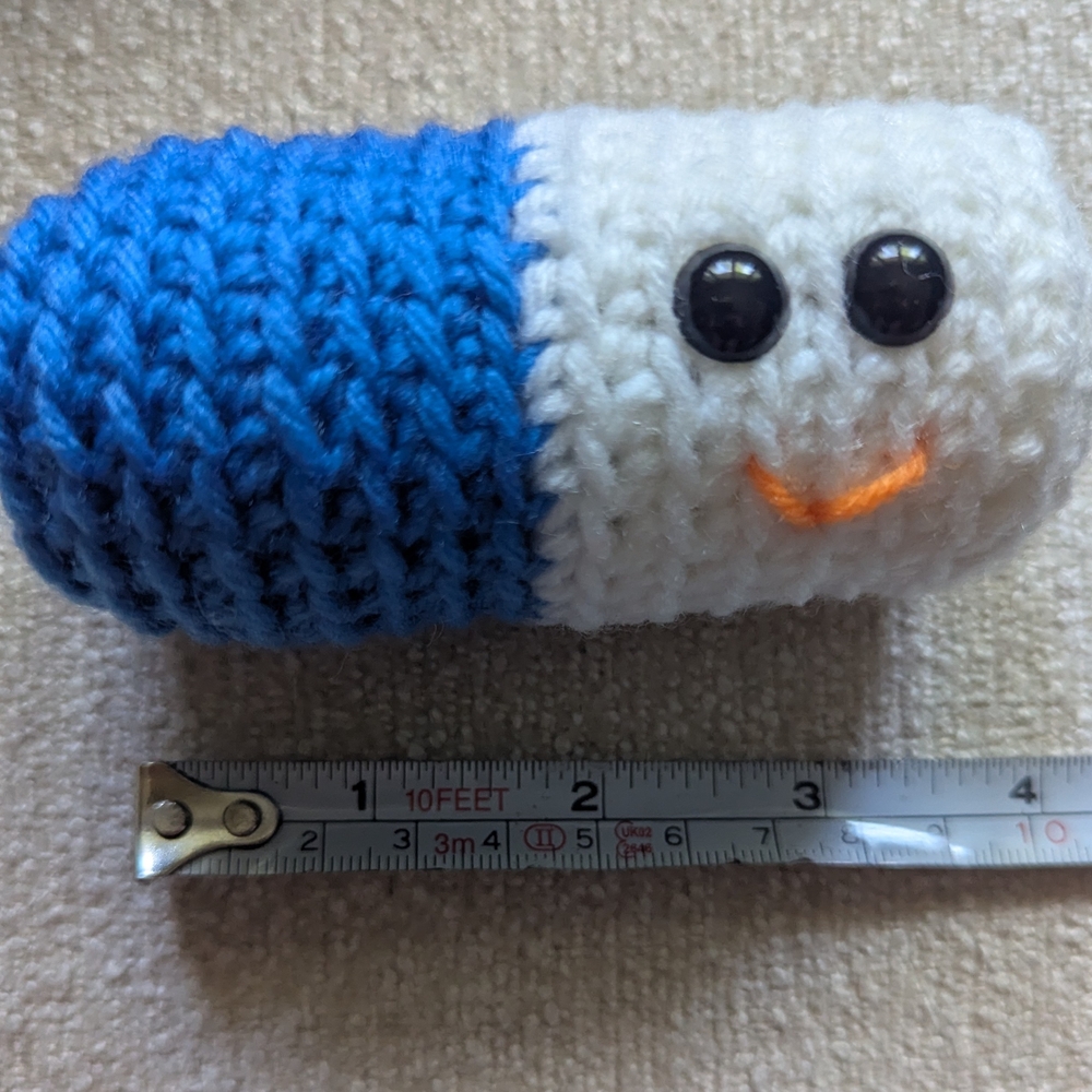 Blue and White Crochet Pill Plush